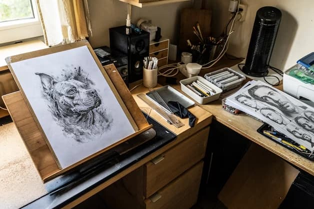 De werkbank in het atelier: hondenportret op de tekentafel, potloden en materialen binnen handbereik